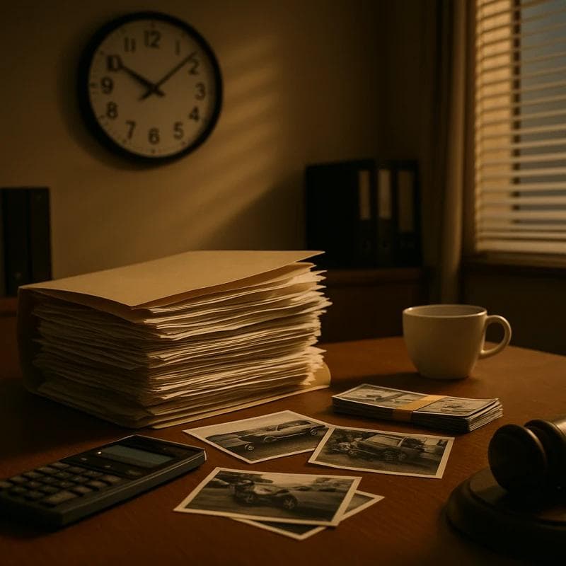 Messy office desk with files and clock showing delays in personal injury cases
