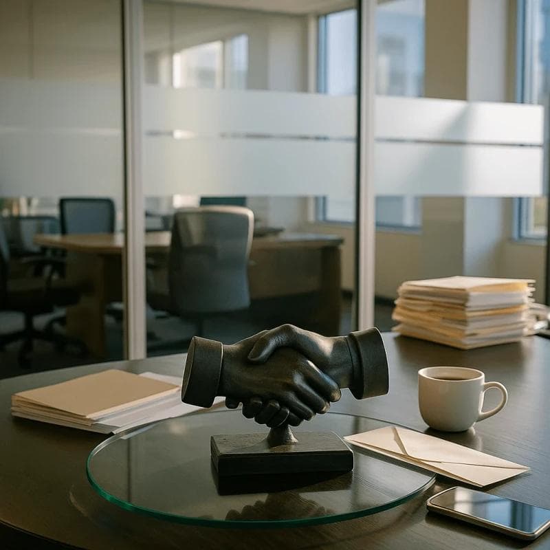 Office reception with handshake sculpture symbolizing transparency, ethics, and trust in legal funding practices