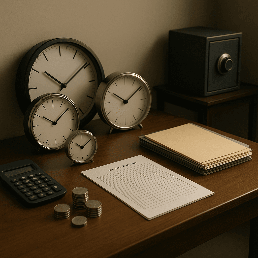 Desk with multiple clocks and hidden documents symbolizing whether legal funding can jeopardize structured settlement plans