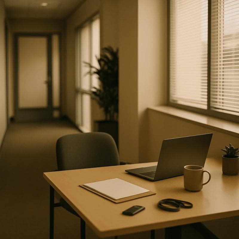 Retaliation legal funding office scene with empty workspace