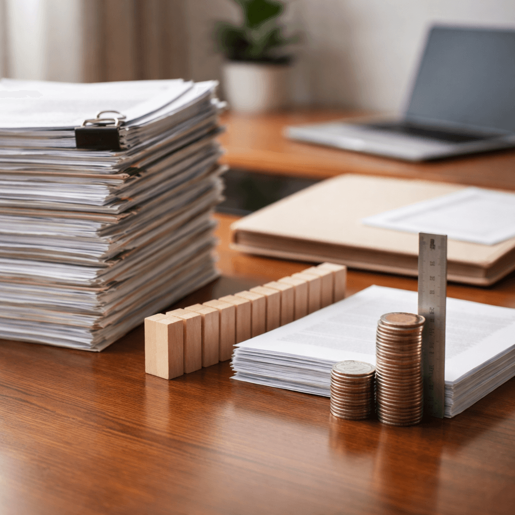 Stacked papers, coins, and a ruler on a desk symbolizing how policy limits cap maximum pre-settlement funding
