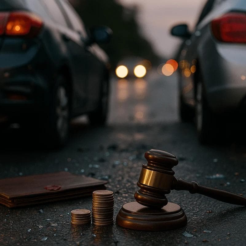 Dusk car crash settlement visual. Wet roadway with two dented cars, scattered glass, and a judge’s gavel next to stacked coins, conveying how accident settlements are calculated