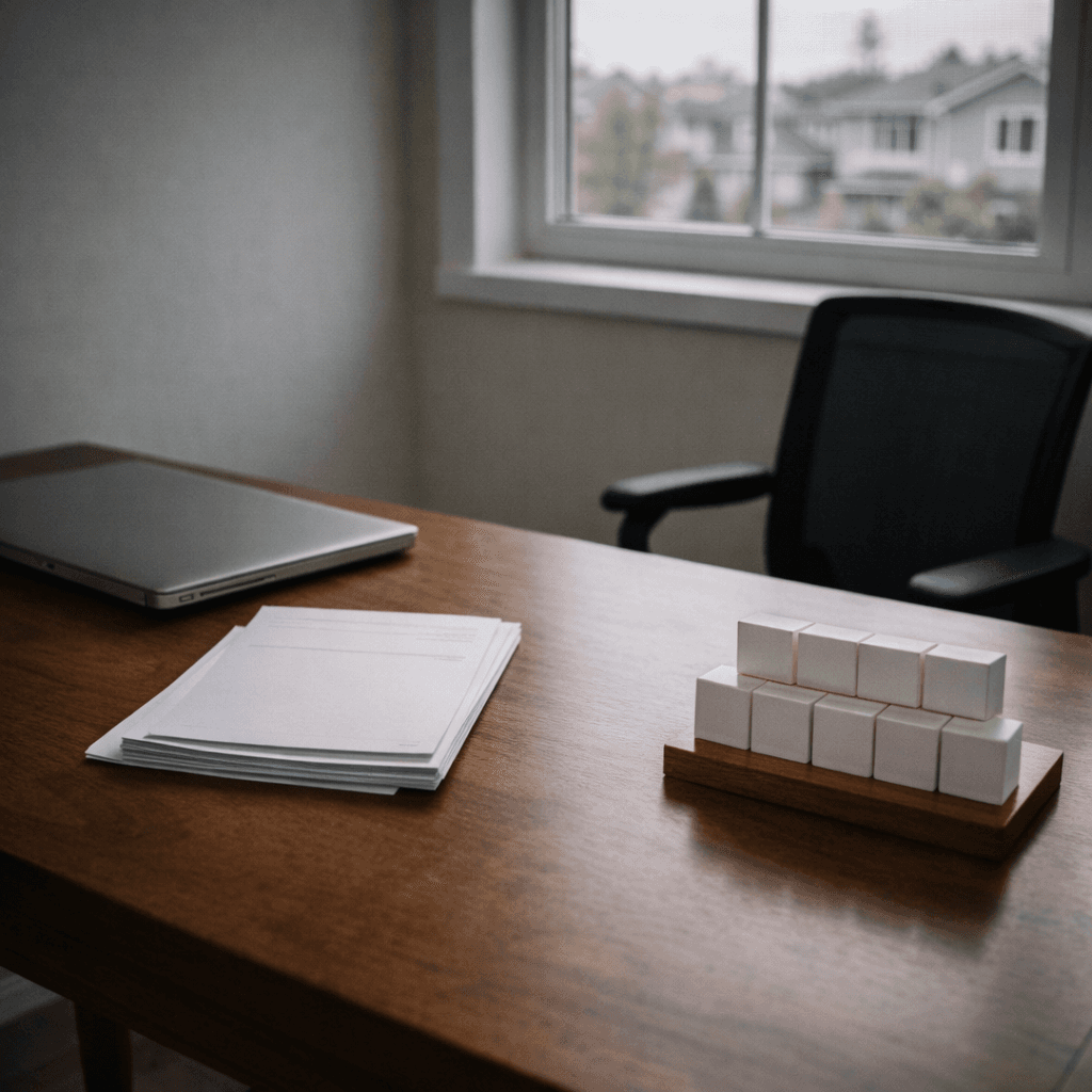 Home office desk with hidden disability claim forms and calendar symbolizing bridging the gap to long-term disability with legal funding
