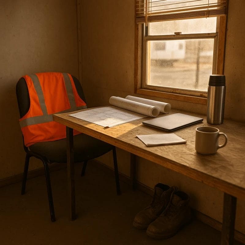 Construction Negligence Legal Funding jobsite trailer interior with blueprints and safety gear