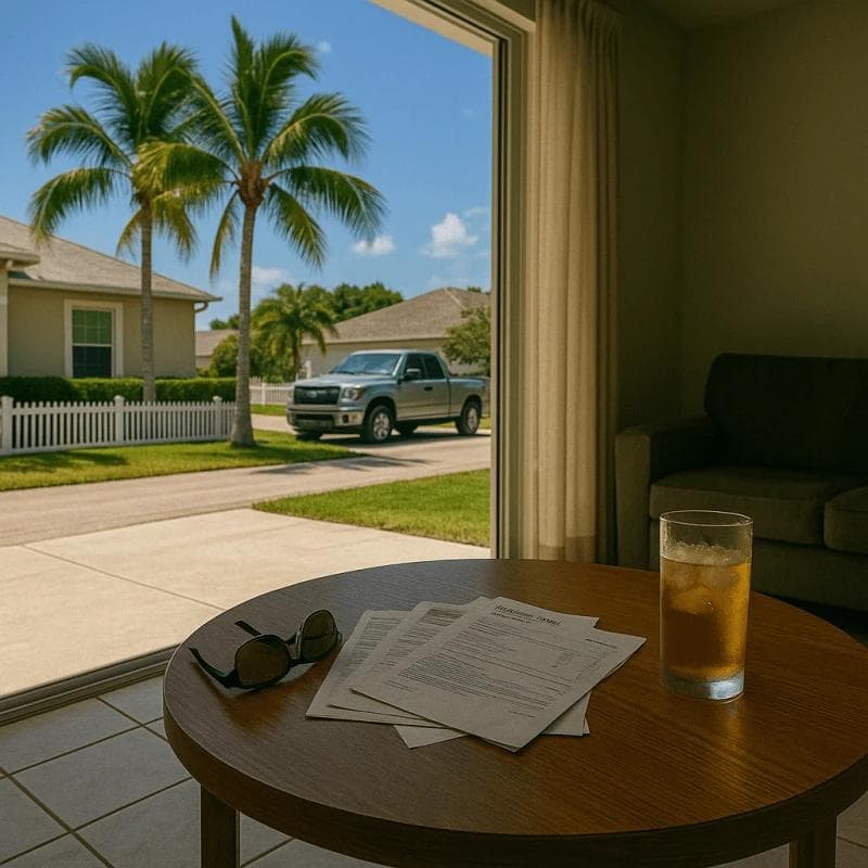 Florida pre settlement funding concept with sunny neighborhood and financial paperwork indoors