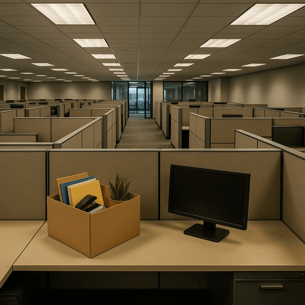 Empty office cubicles and a packed box on a desk symbolizing funding for workplace retaliation and whistleblower claims