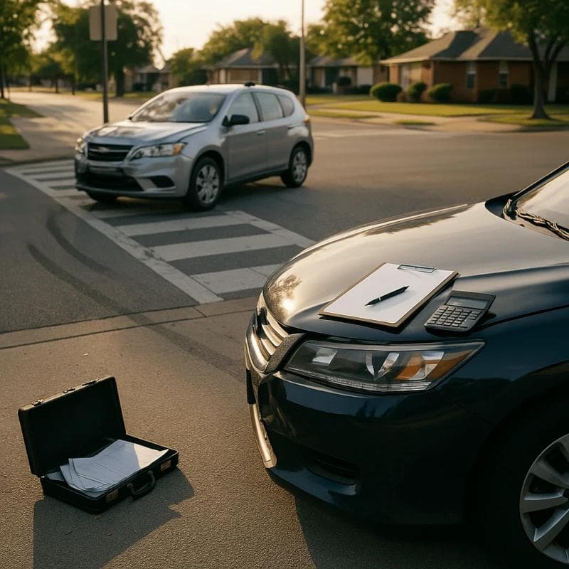 Damaged cars at an intersection representing car accident settlement calculations