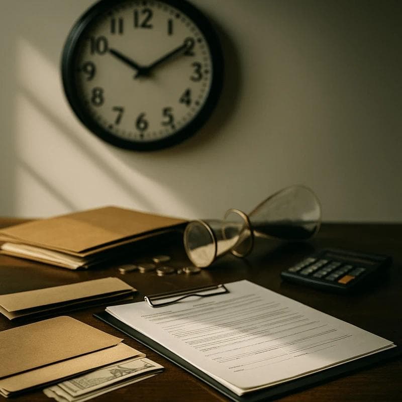 Insurance delays affecting settlement funding depicted with clock, documents, and hourglass