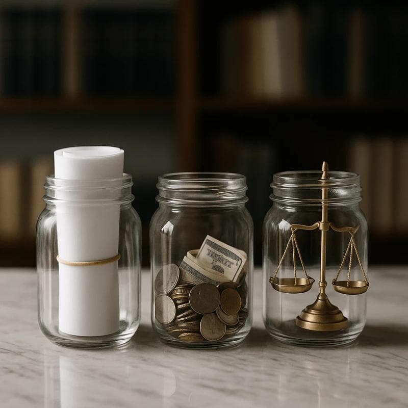 Visual breakdown of lawsuit loan, legal loan and advance represented by three distinct money jars