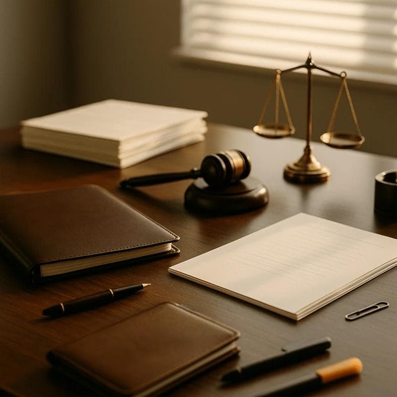 Leather contract folder with gavel and legal scales representing no win no repay funding clauses