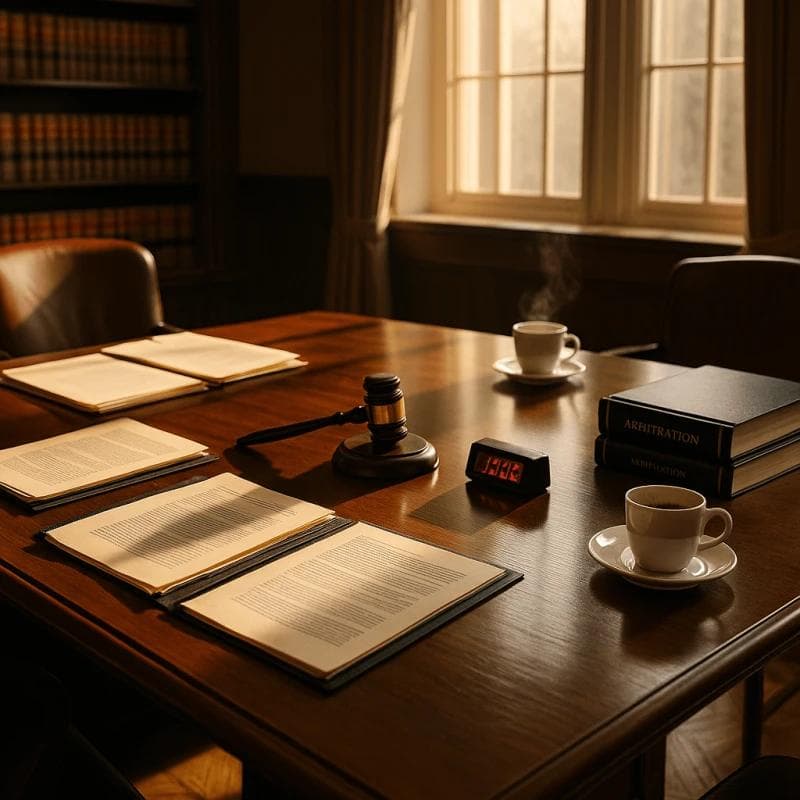 Mediation room with legal documents and arbitration materials symbolizing pre-settlement funding outcomes