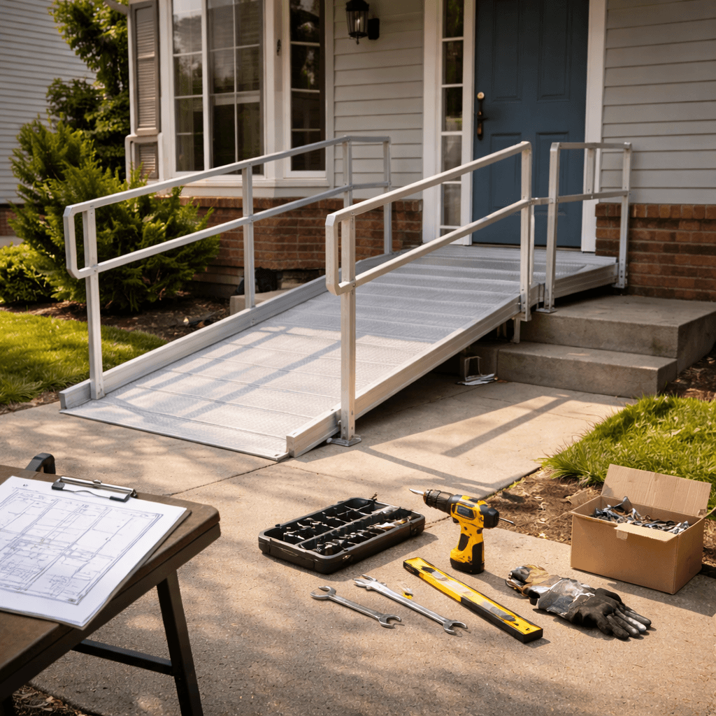 Partially built wheelchair ramp and tools at a home entrance symbolizing using legal funding for home modifications after catastrophic injury