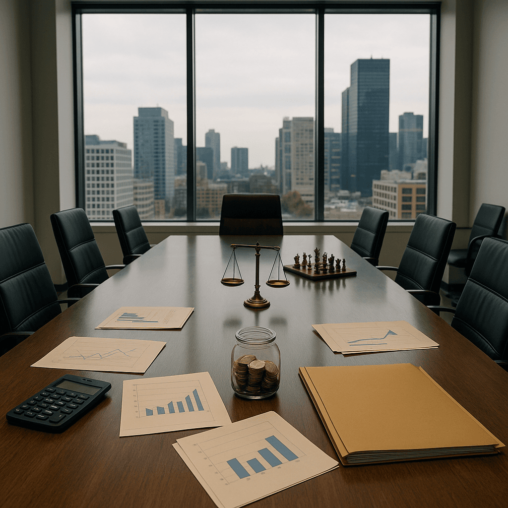 High-rise boardroom with documents and a chessboard illustrating how legal funding shapes defendant settlement strategy