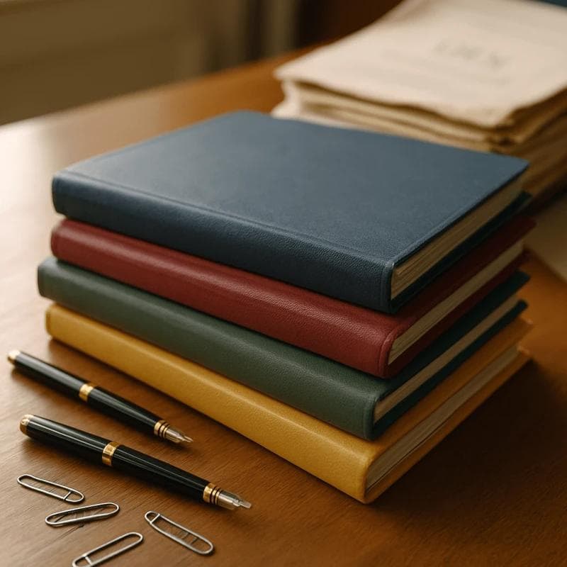 Stack of multiple legal funding contract folders on a wooden desk with paperwork and pens, representing brokered stacking risks