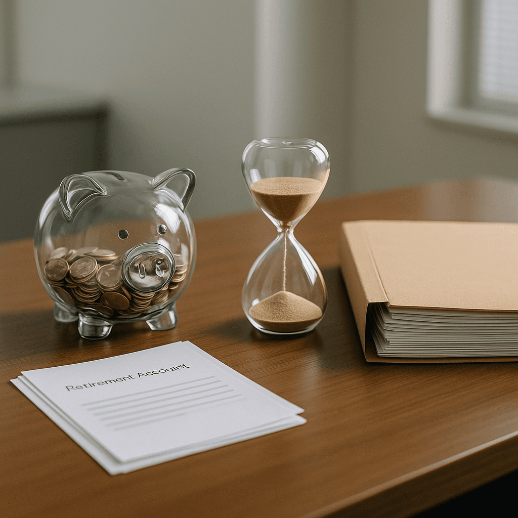 Piggy bank, hourglass, and funding documents on a desk illustrating legal funding versus 401k and retirement-plan loans