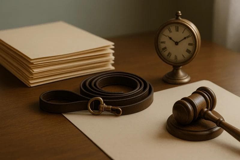 Legal documents, dog leash, and gavel on desk. Illustration for dog bite lawsuit funding timeline