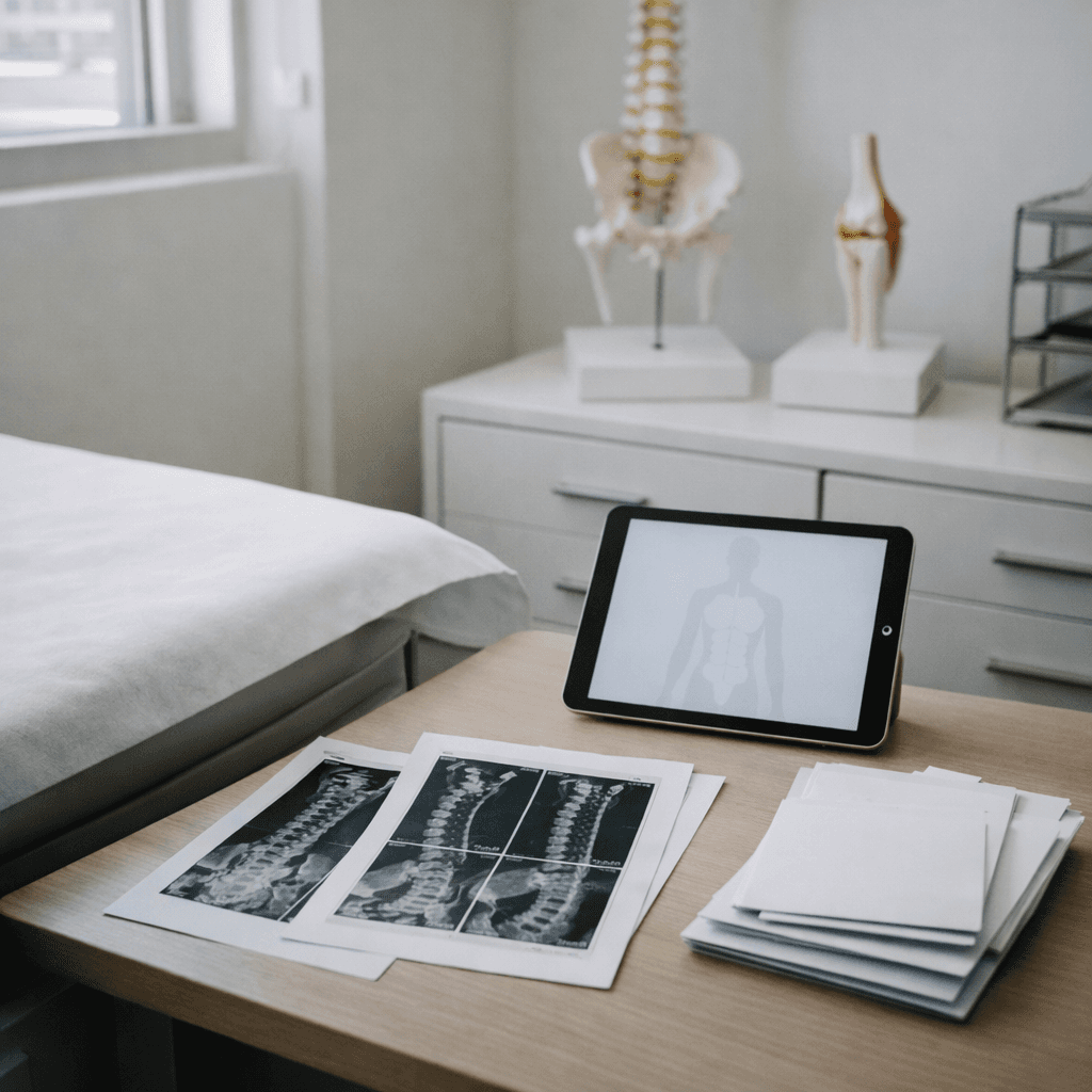 Consultation room with imaging and invoices illustrating funding high-cost out-of-network specialists after an injury