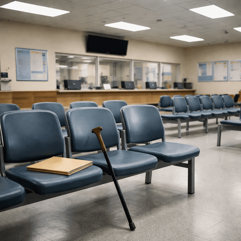 Empty government office waiting area with folders and cane representing legal funding and Social Security disability benefits