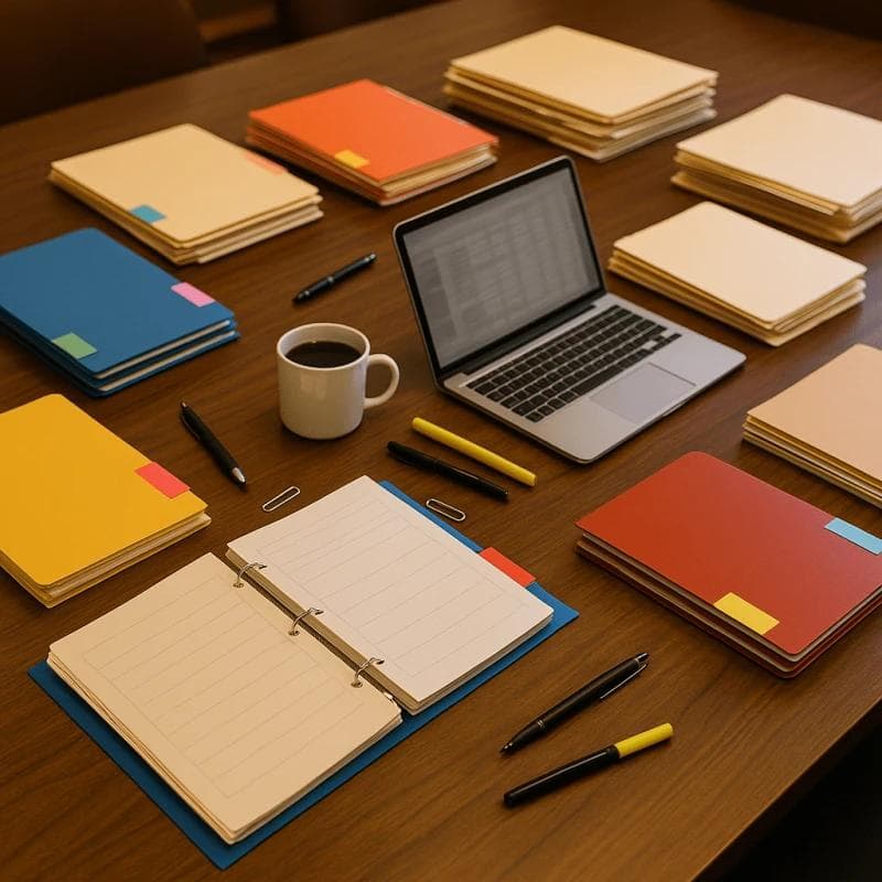 Conference table with claim form folders and office supplies representing class-action settlement advance underwriting