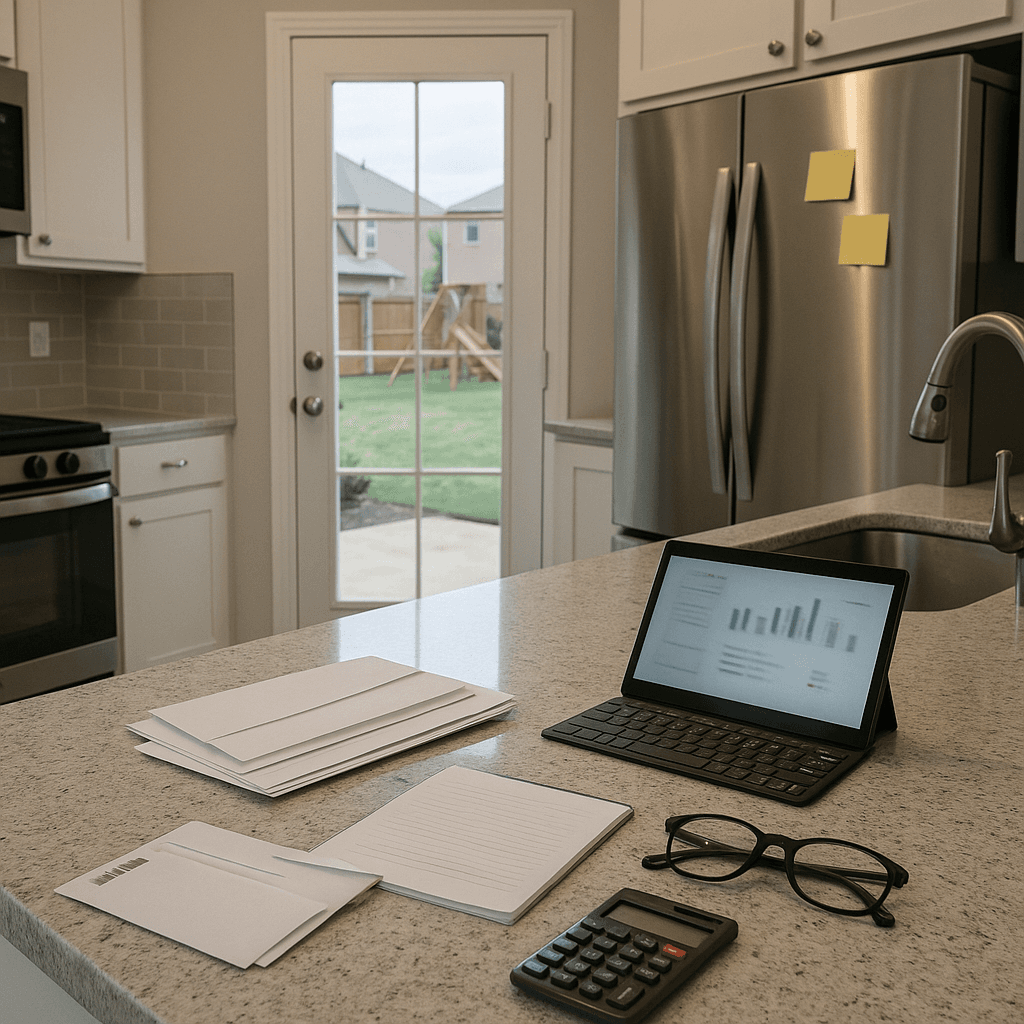 Plano family kitchen with bills and tablet reflecting pre settlement funding in Plano supporting households facing injury-related financial stress