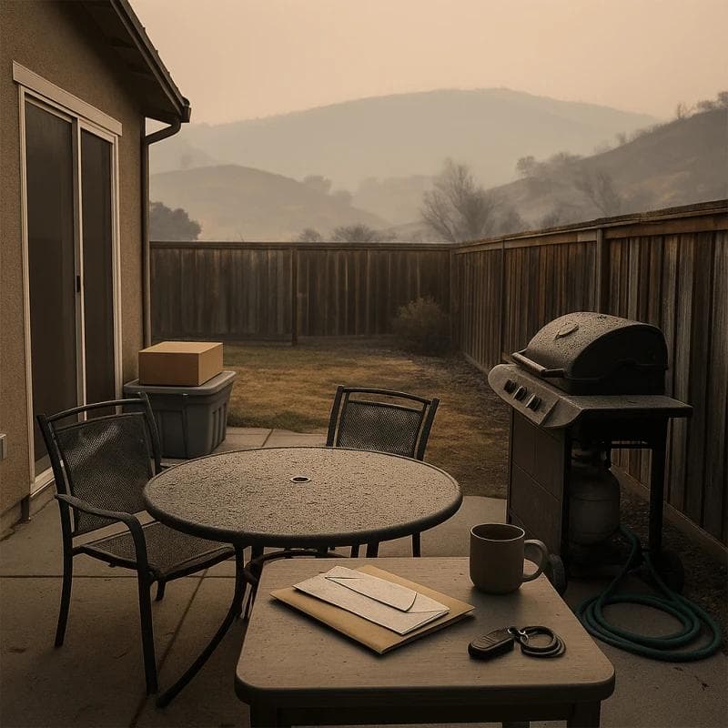 Property damage legal funding scene with ash-covered backyard furniture