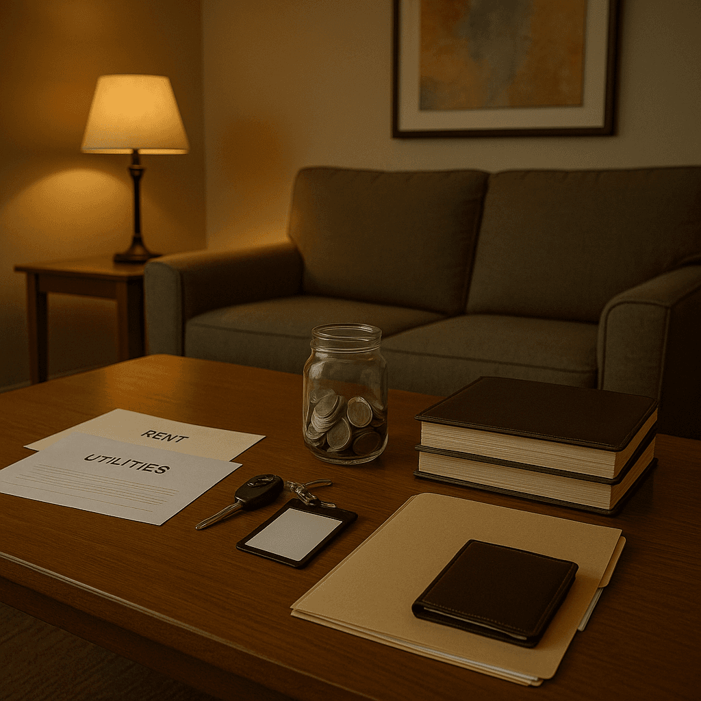 Living room with bills, keys, and hidden ID card on a table representing staying housed, employed, and insured with legal funding