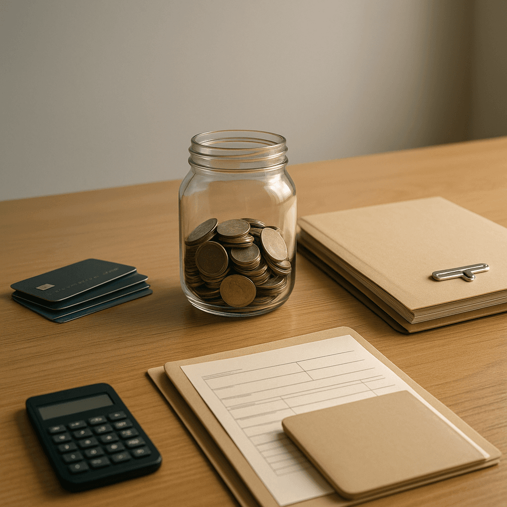 Jar of coins, face-down credit cards, and funding folder illustrating using legal funding instead of high-interest credit cards