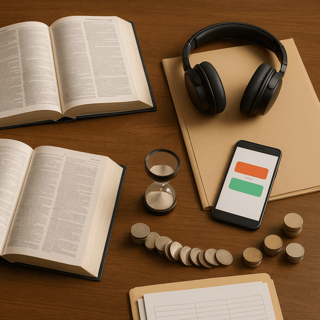 Dictionaries, headphones, and a legal folder on a desk representing legal funding for plaintiffs with limited English skills