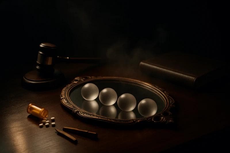 Moody still-life of frosted glass spheres on antique mirror beside gavel and ledger representing persistent myths about legal funding debunked