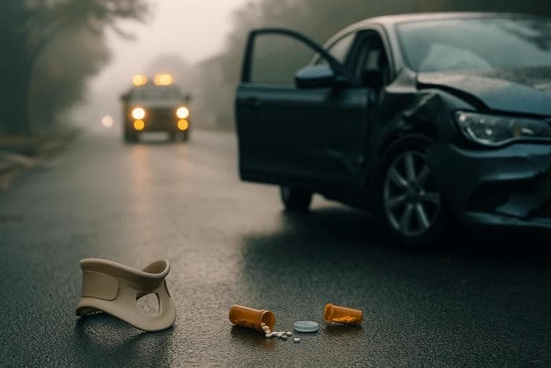 Foggy dawn crash scene showing crumpled sedan, cervical collar, and spilled pills symbolizing serious car accident injuries and settlement value factors