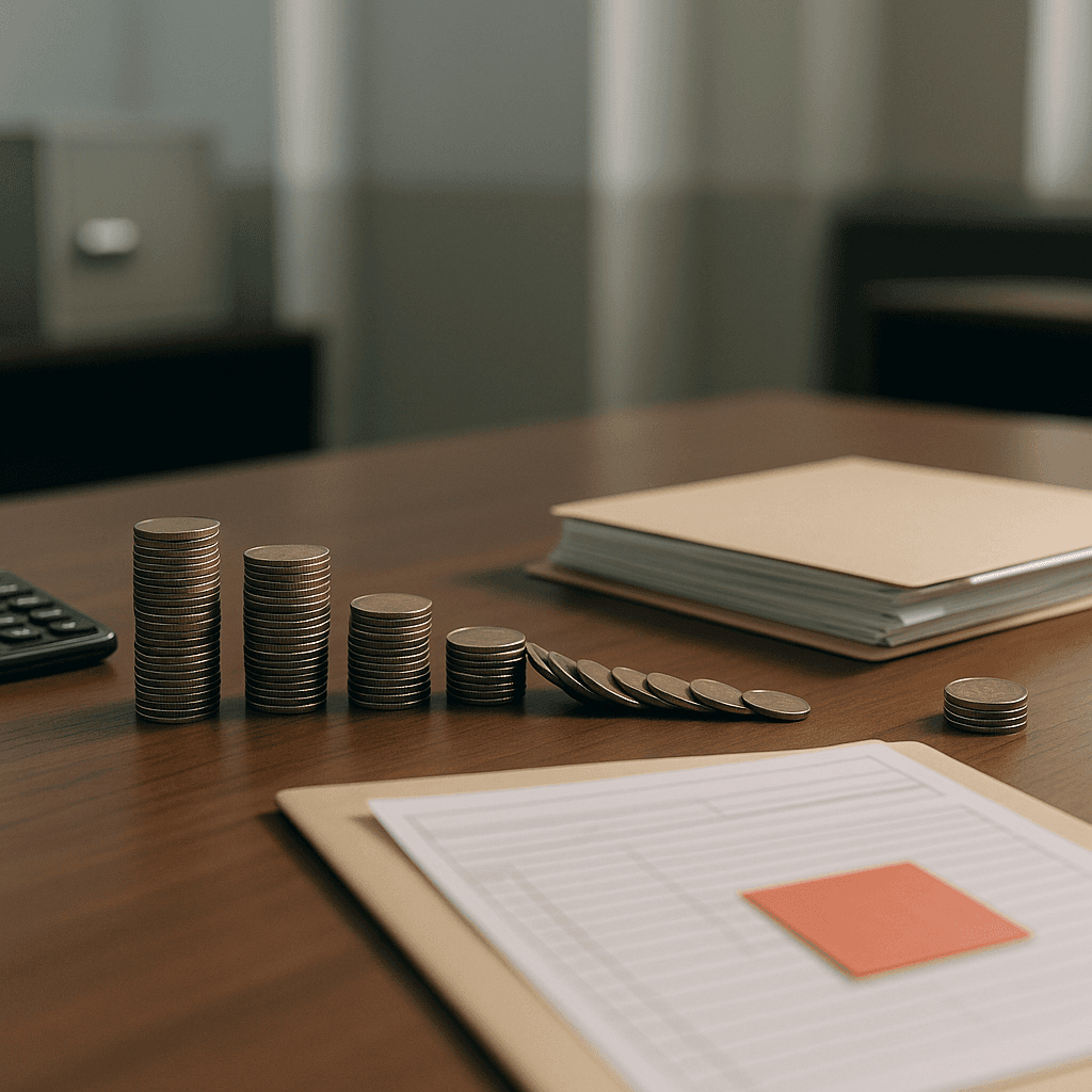 Falling stacks of coins next to a legal folder illustrating exit strategies when case value drops after funding