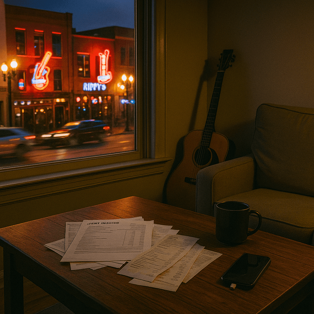 Tennessee pre settlement funding illustration with Nashville streets and household bills indoors