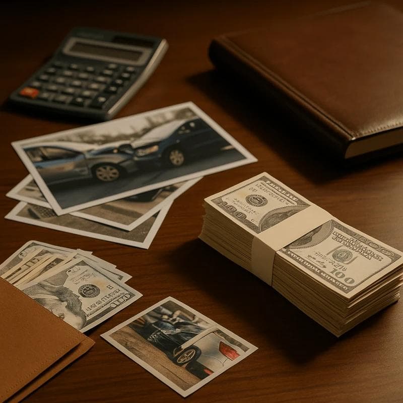 Money, documents, and calculator symbolizing maximizing car accident settlement compensation