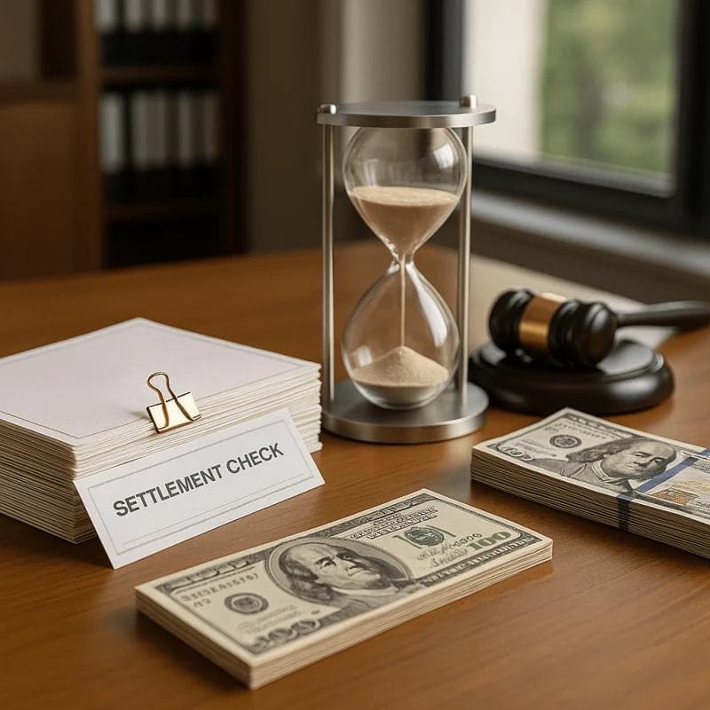 Scene with settlement checks, money, and hourglass illustrating structured settlement loans