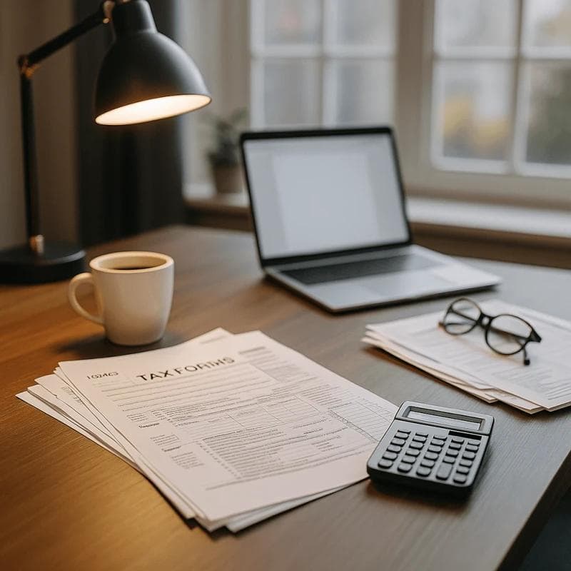 Car accident settlement tax paperwork with calculator and financial documents on desk