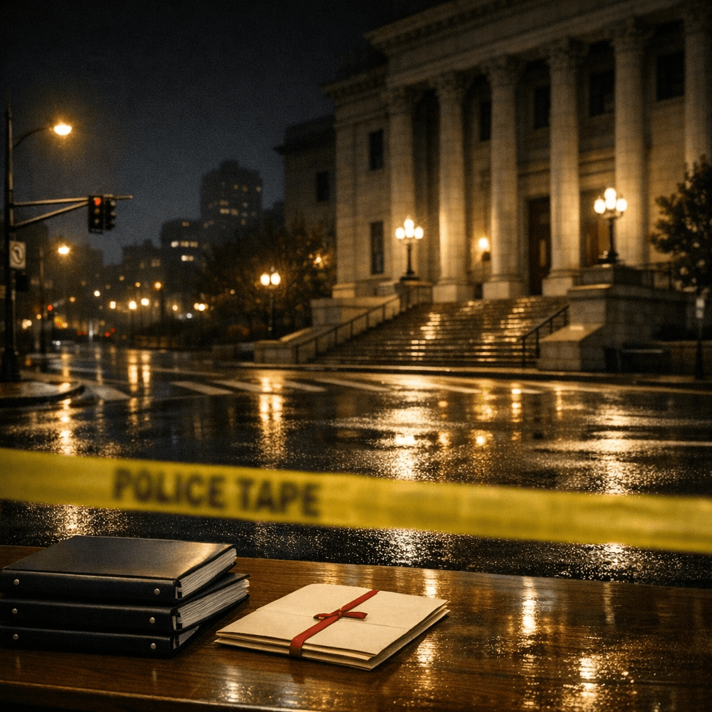 City intersection with blurred police tape and courthouse steps representing legal funding in police misconduct and civil rights cases
