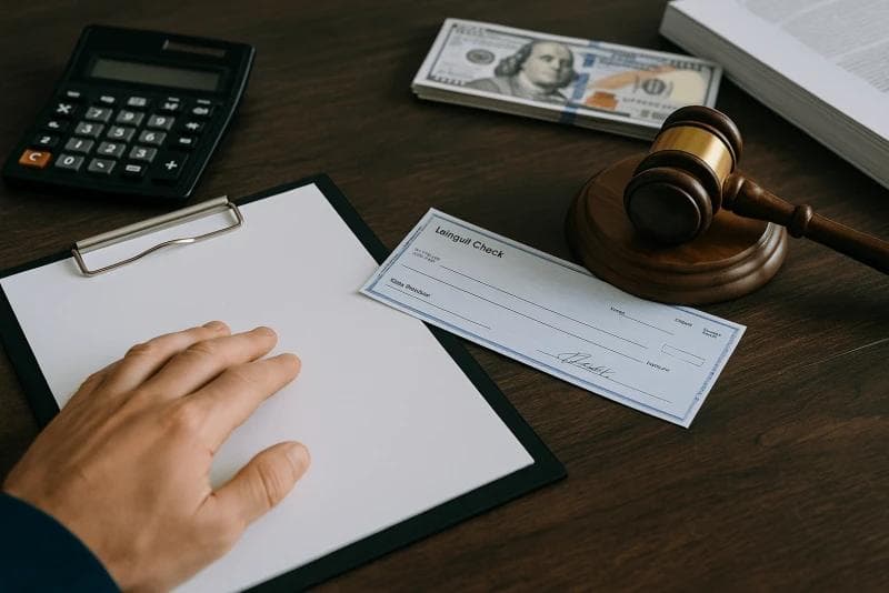 Pre-settlement funding choice illustrated by balanced coins and hourglass on conference table