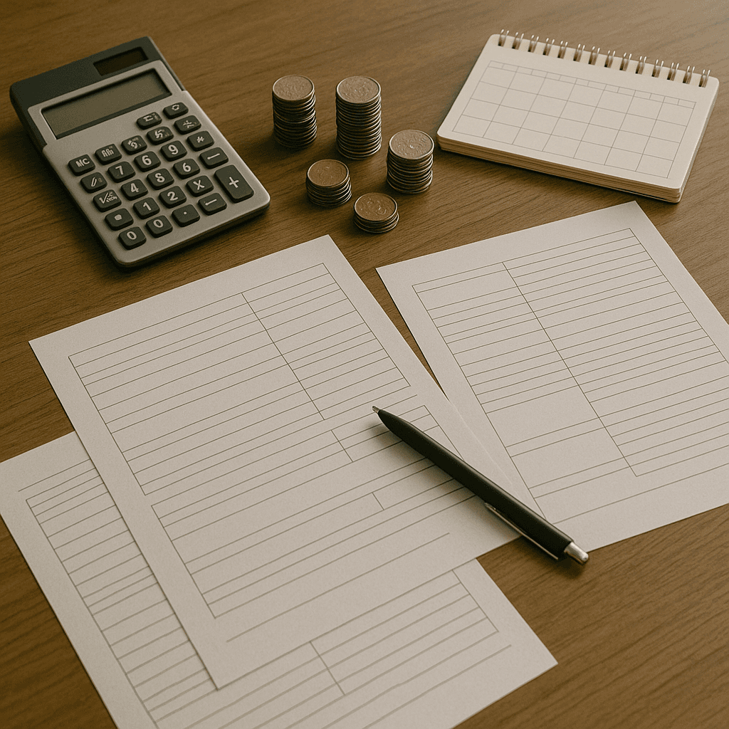 Coins, calculator, and blank forms on a desk symbolizing planning for taxes and liens before taking legal funding