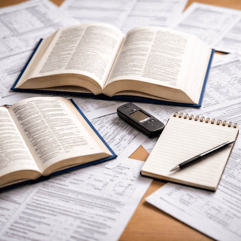 Desk with mixed-language documents, dictionaries, and recorder representing lawsuit funding with foreign-language records and evidence