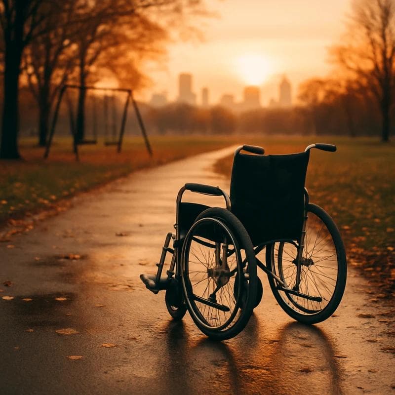 Non-economic damages concept shown by empty wheelchair near sunset park path