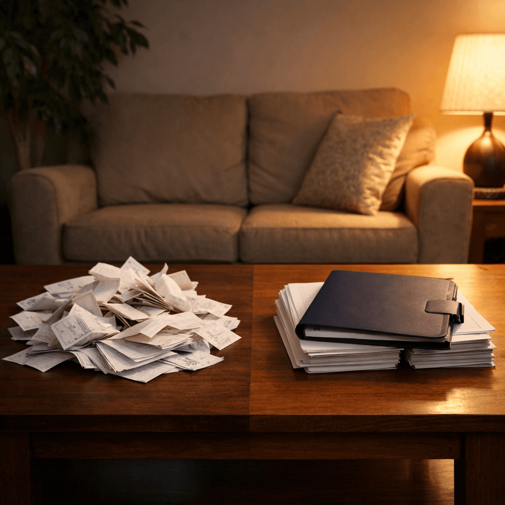 Living room coffee table with messy and organized bills representing psychological relief versus cost in legal funding decisions