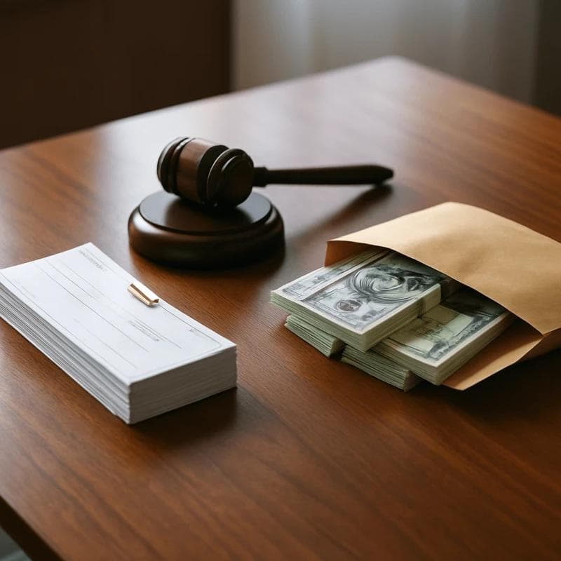 Comparison of checks and cash symbolizing legal funding versus structured settlements