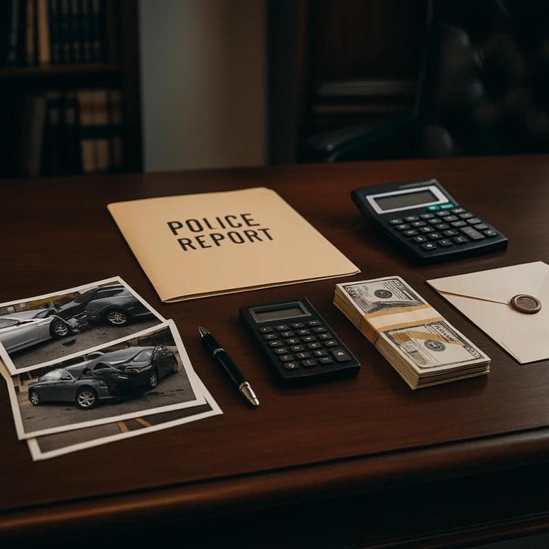 Staged desk items symbolizing the steps of a car accident settlement