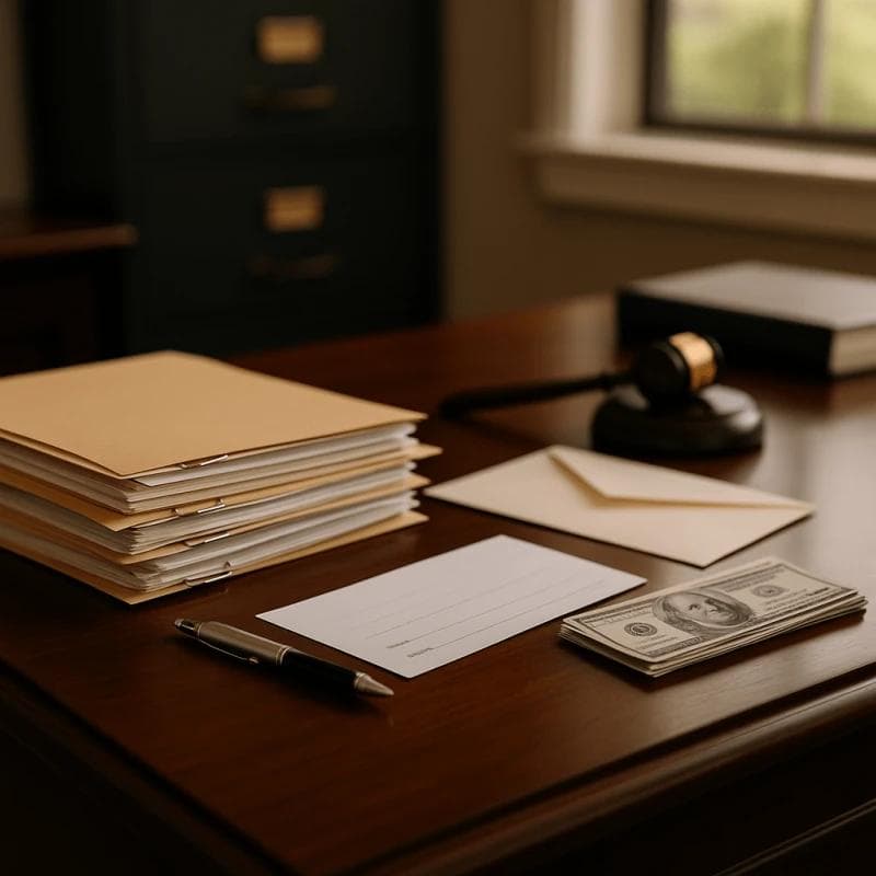 Office desk with organized files and money showing easier legal funding requests