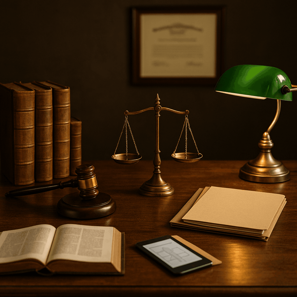 Traditional law office desk with scales-of-justice and law books representing ethical myths about champerty and third-party legal funding