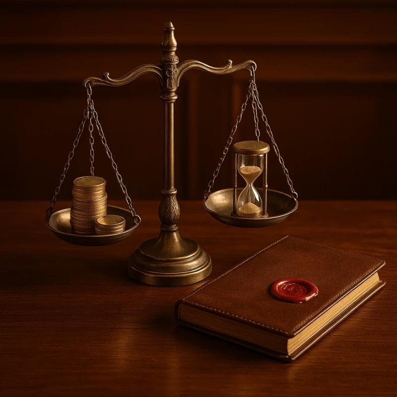 Courtroom desktop still life. Brass balance scale with coins and hourglass beside a wax-sealed legal folder, illustrating pre-settlement funding decisions that weigh time against compensation