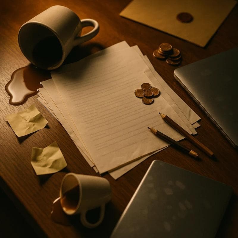 Overhead view of messy desk with coffee spill and broken pencil depicting costly errors that shrink auto accident settlements