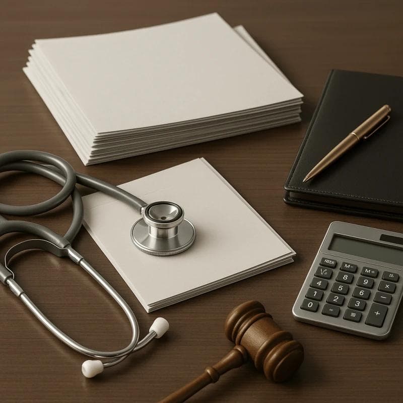 Stethoscope, calculator, and loan papers. Clean desk scene for medical lawsuit funding illustration