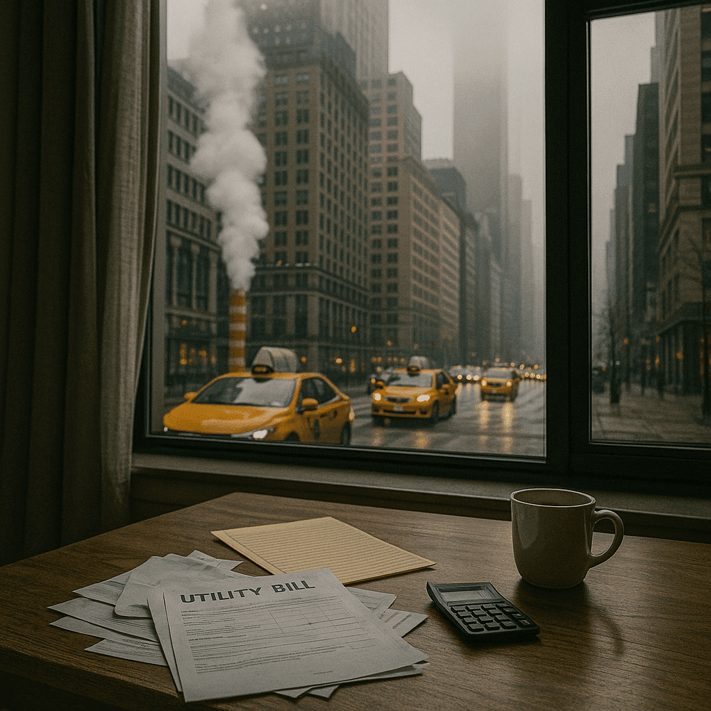 New York pre settlement funding scene with NYC skyline and household bills on table