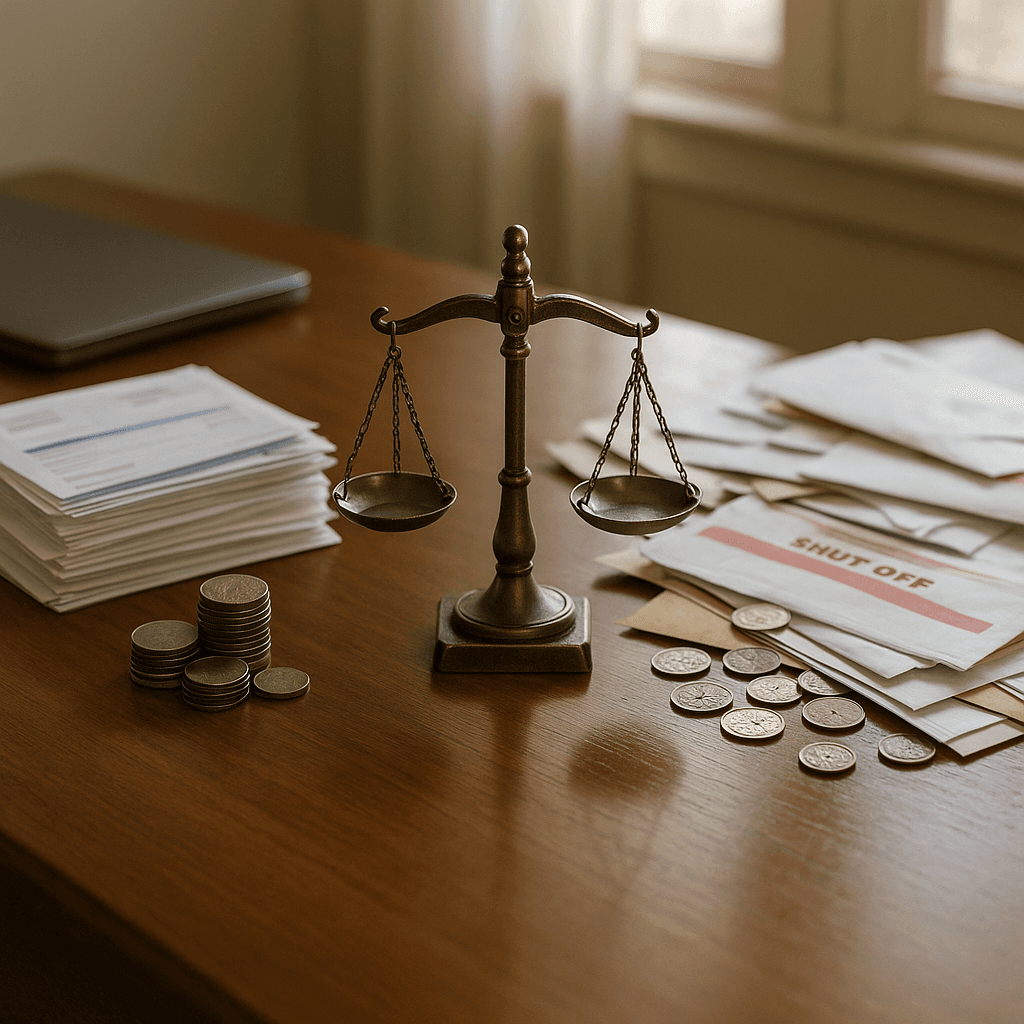 Desktop with organized bills and chaotic debt with a balanced scales-of-justice symbolizing when legal funding makes sense